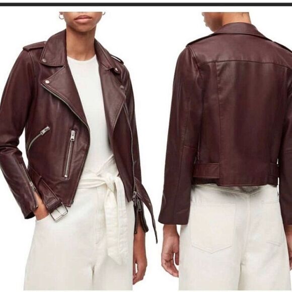 All Saints Balfern Leather Biker Jacket In Deep Berry Size 2 NEW - Picture 13 of 13